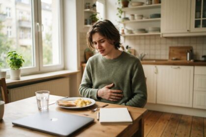 Jeune adulte attablé dans une cuisine, une main posée sur le ventre devant un petit-déjeuner à peine entamé