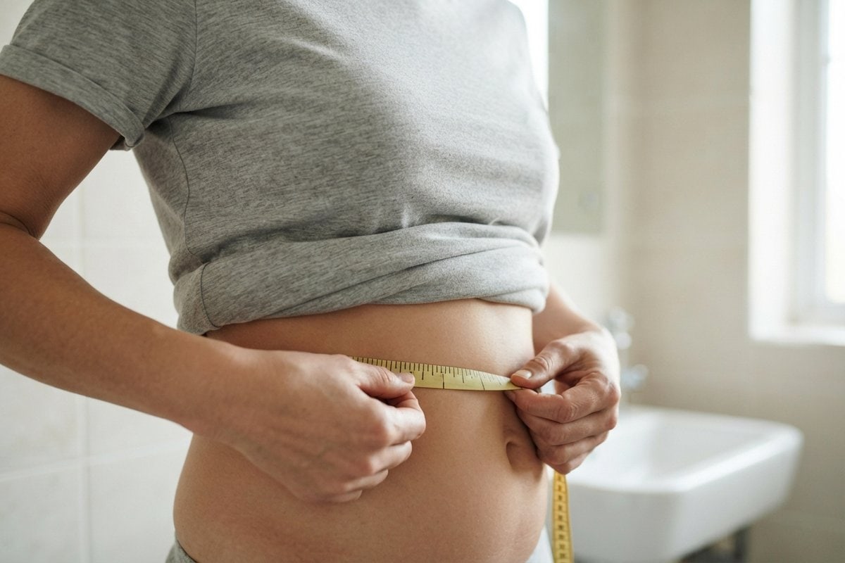 Une femme mesure son tour de taille avec un mètre ruban souple, dans une salle de bains claire