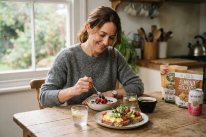 Femme souriante à table devant un yaourt aux fruits rouges et des tartines, sachets de biscuits et canette à côté