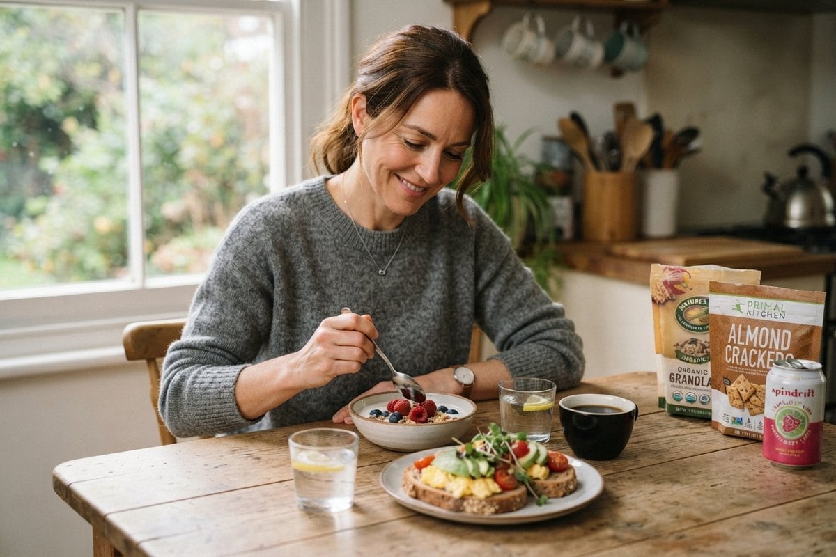 Femme souriante à table devant un yaourt aux fruits rouges et des tartines, sachets de biscuits et canette à côté