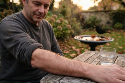 Moustique brun posé sur l'avant-bras d'un homme attablé dans un jardin d'automne, un merle près d'un bain d'oiseaux