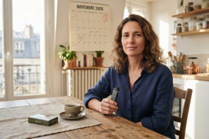Femme assise à une table de cuisine, vapoteuse en main, paquet de cigarettes et café, calendrier de novembre 2026 au mur