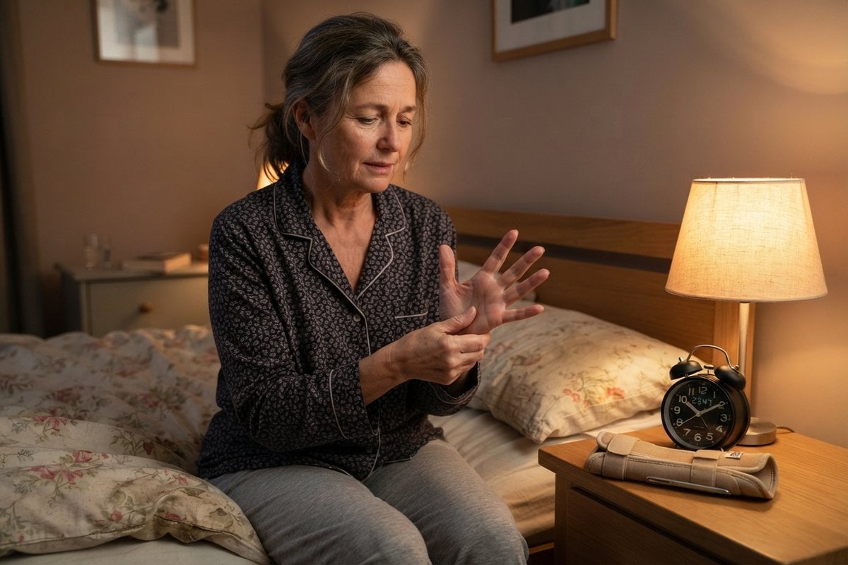 Femme en pyjama assise au bord du lit la nuit, se massant la main, une attelle de poignet posée sur la table de chevet