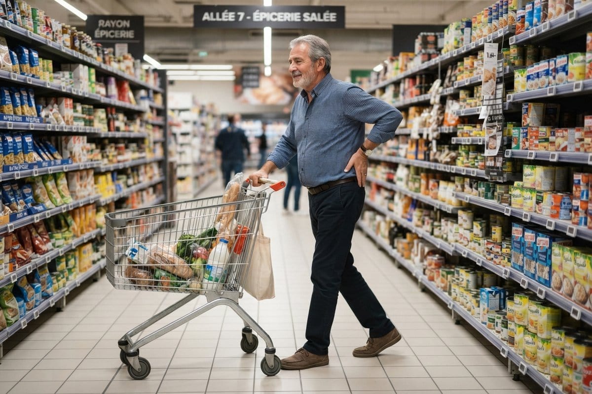 Homme aux cheveux gris poussant un caddie dans une allée de supermarché, une main posée sur le bas du dos
