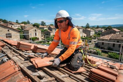 Couvreur en tenue orange haute visibilité et casque à protège-nuque posant des tuiles sur un toit en plein soleil