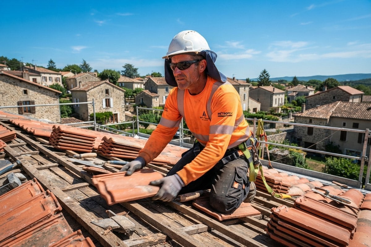 Couvreur en tenue orange haute visibilité et casque à protège-nuque posant des tuiles sur un toit en plein soleil