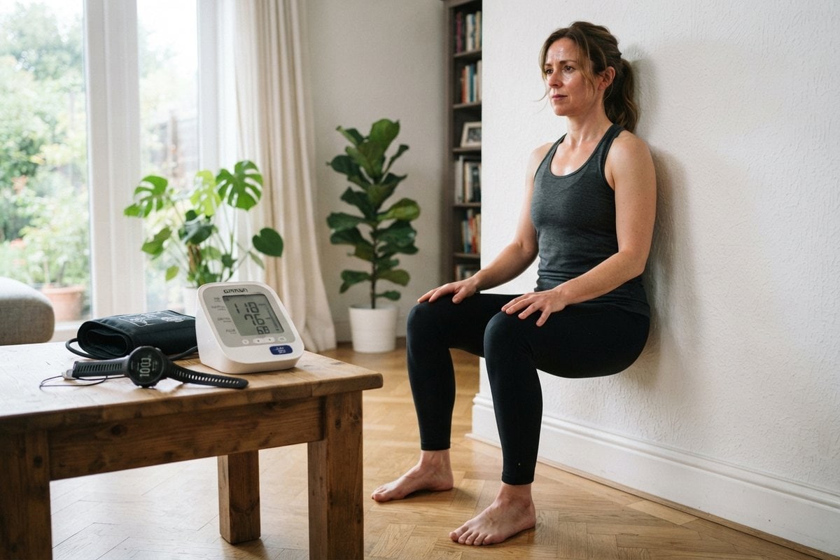 Femme en tenue de sport faisant la chaise dos au mur dans un salon, tensiomètre et montre posés sur une table basse