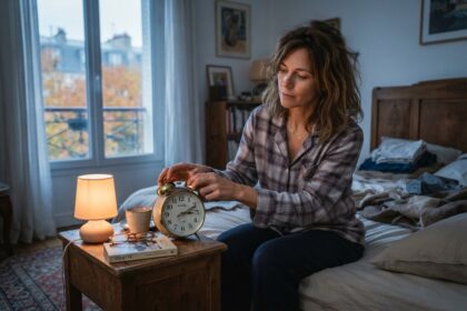 Femme en pyjama assise sur son lit, réglant les aiguilles d'un réveil analogique près d'une lampe de chevet allumée