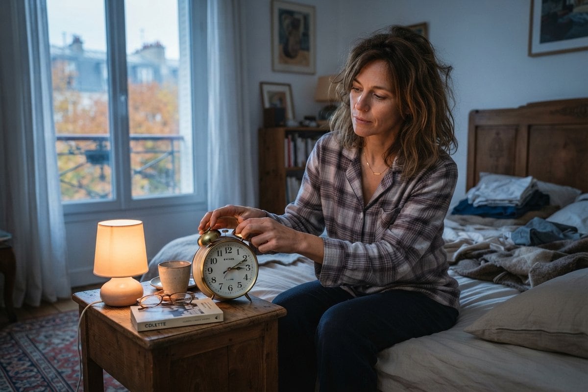 Femme en pyjama assise sur son lit, réglant les aiguilles d'un réveil analogique près d'une lampe de chevet allumée