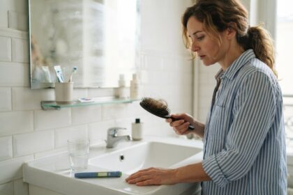 Femme en chemise rayée regardant une brosse pleine de cheveux tombés, un stylo injecteur posé sur le lavabo