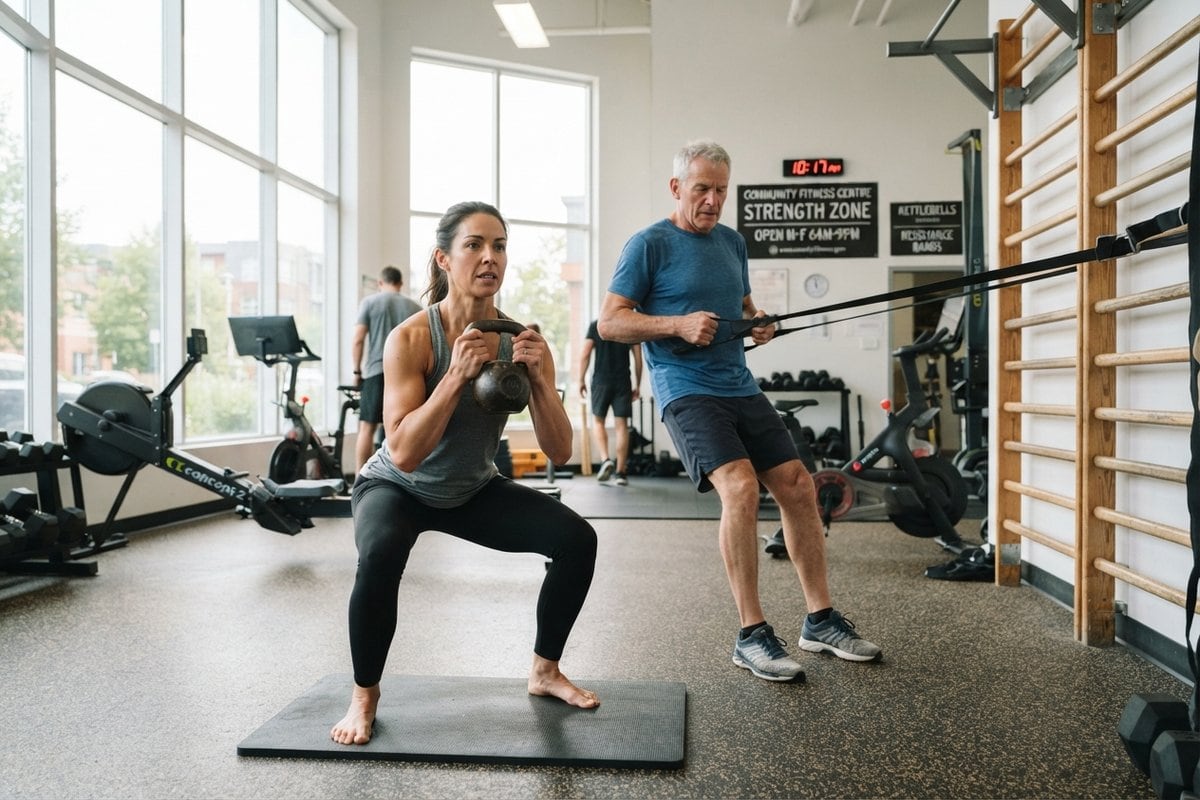 Une femme fait un squat avec un kettlebell et un homme aux cheveux gris tire un élastique dans une salle de sport lumineuse