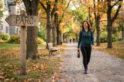Femme souriante marchant sur une allée de parc en automne, gourde à la main, près d'un panneau en bois indiquant le parc