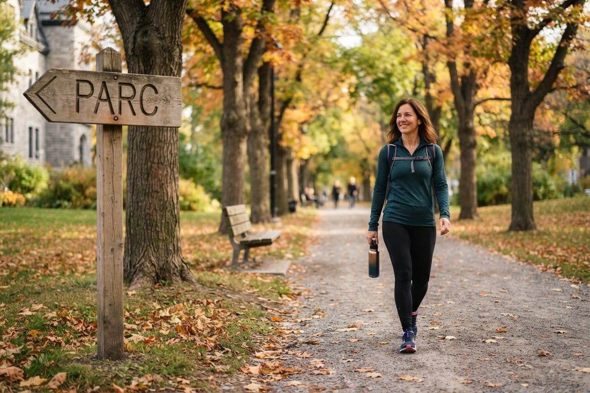 Femme souriante marchant sur une allée de parc en automne, gourde à la main, près d'un panneau en bois indiquant le parc