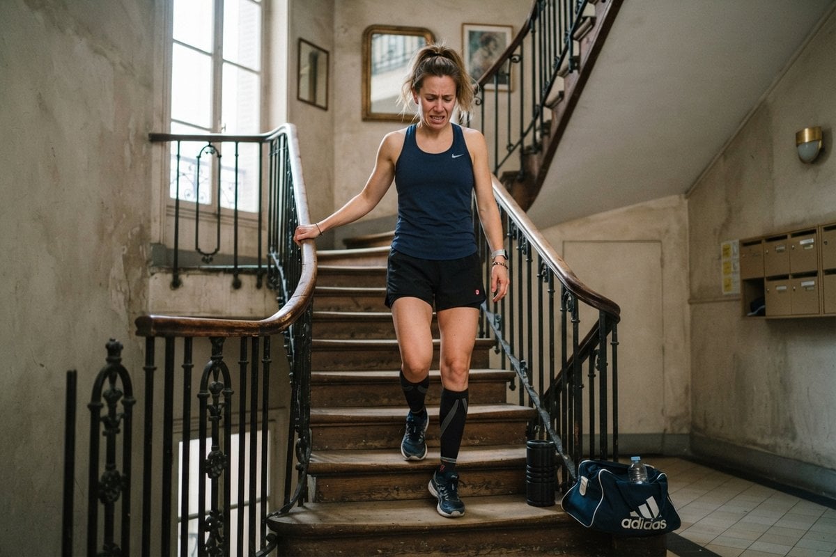Femme en tenue de sport descendant un escalier d'immeuble en grimaçant, rouleau de massage et sac de sport au pied des marches