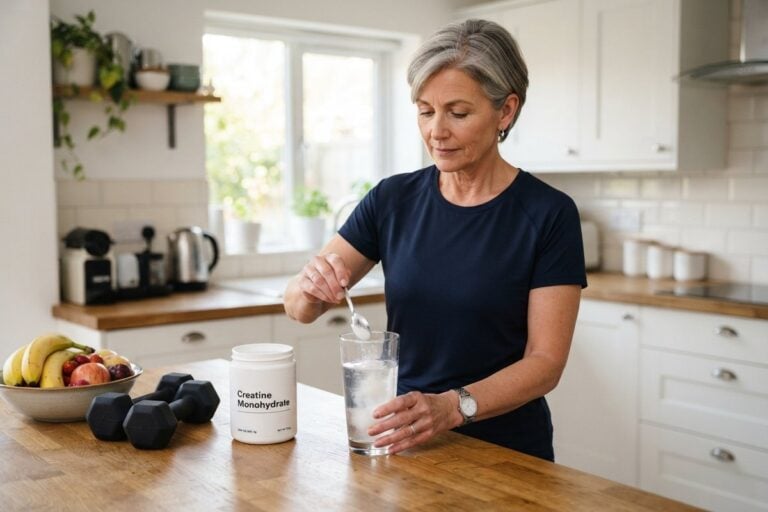 Femme aux cheveux gris versant une dose de créatine en poudre dans un verre d'eau, dans sa cuisine