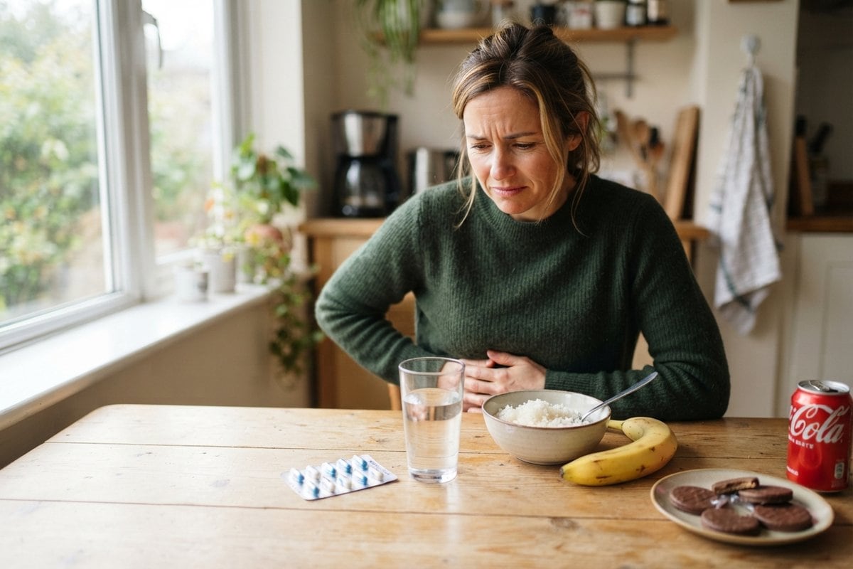 Femme attablée dans sa cuisine, la main sur le ventre, devant des gélules, un verre d'eau, du riz, une banane et des biscuits