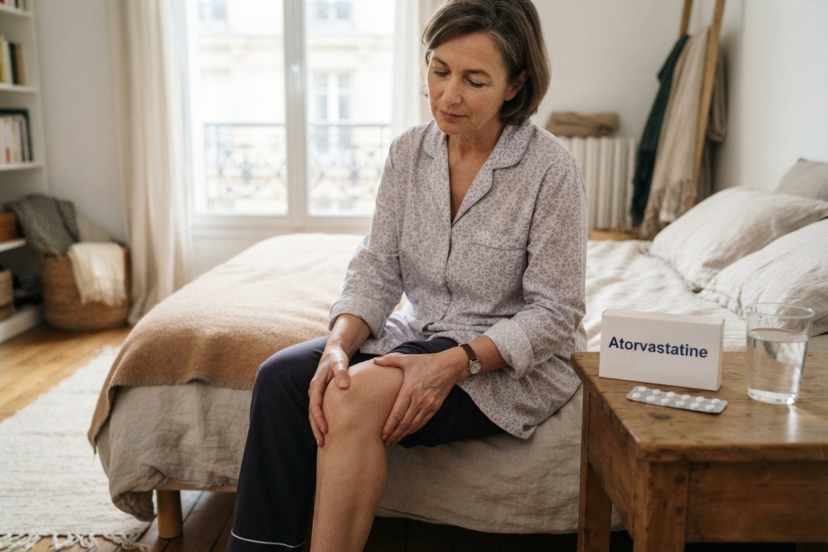 Femme assise au bord de son lit, la main sur la cuisse, près d'une boîte d'atorvastatine et d'un verre d'eau