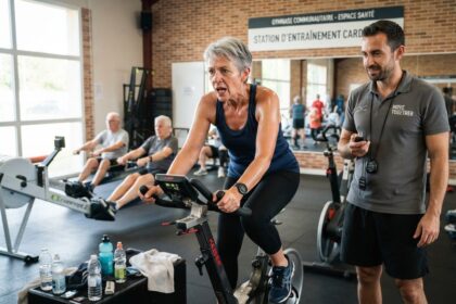 Femme aux cheveux gris pédalant sur un vélo d'appartement, un coach chronomètre en main, des seniors au rameur derrière