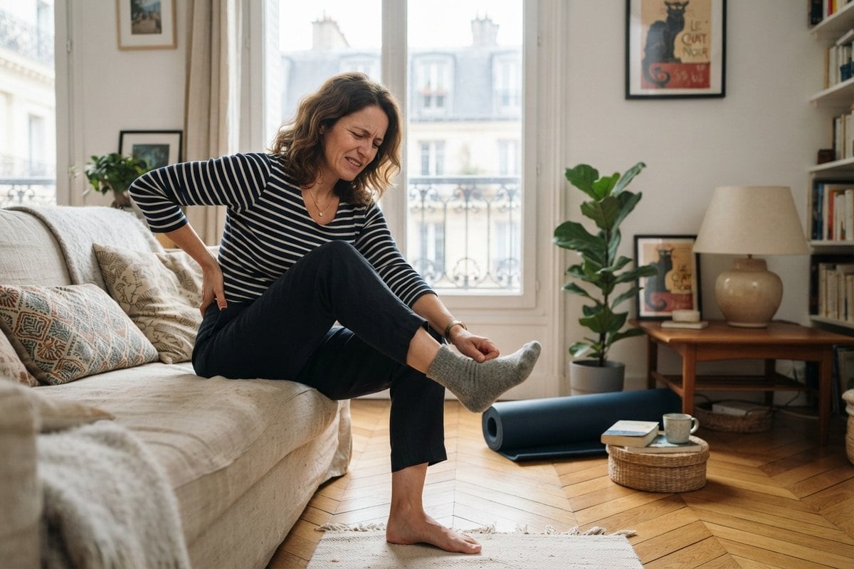 Femme assise au bord d'un canapé, une main sur le bas du dos, grimaçant en enfilant une chaussette dans son salon