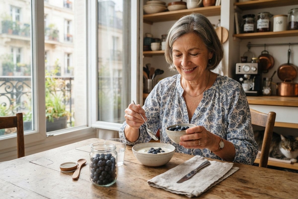 Femme âgée souriante qui mange des myrtilles avec un yaourt à la table d'une cuisine lumineuse