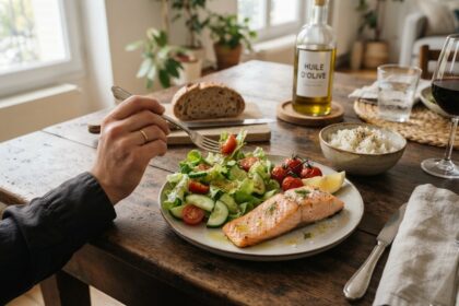 Assiette de salade et saumon grillé, bol de riz à part, bouteille d'huile d'olive et pain sur une table en bois