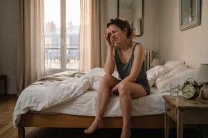 Femme assise au bord d'un lit défait, la main sur la tempe, près d'un réveil et d'un verre d'eau