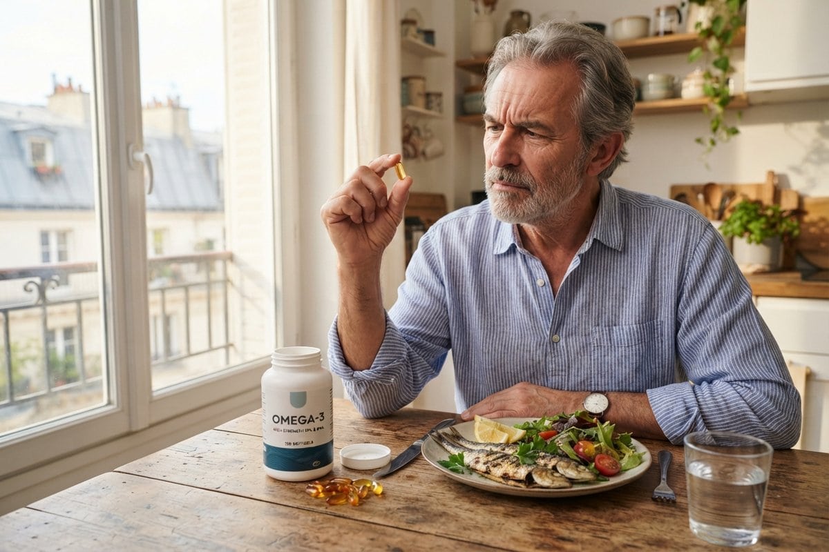 Homme d'une soixantaine d'années observant une capsule d'huile de poisson, flacon d'oméga-3 et assiette de sardines grillées