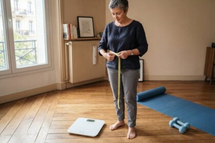 Femme aux cheveux gris mesurant son tour de taille avec un mètre ruban, près d'un pèse-personne et de petits haltères