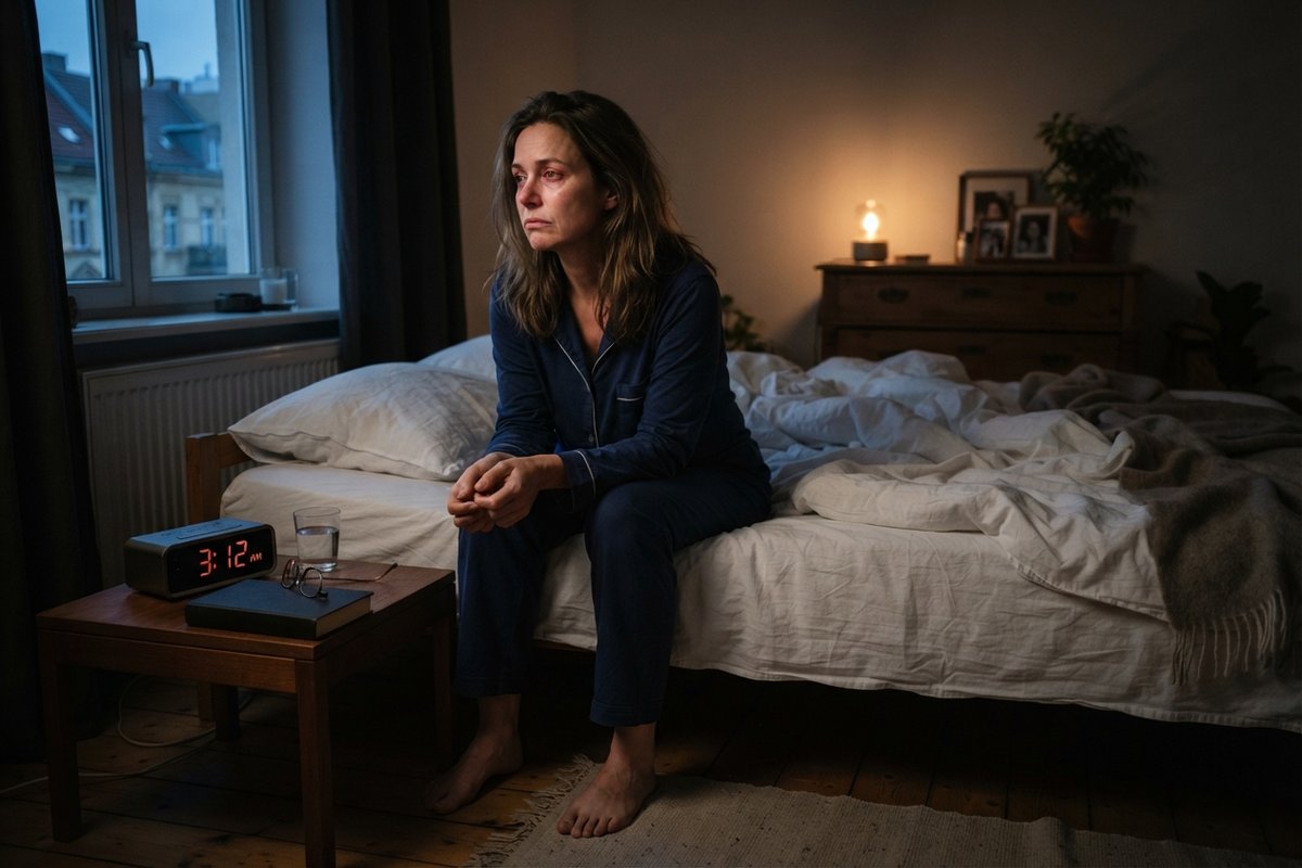 Femme en pyjama assise au bord de son lit en pleine nuit, près d'un réveil qui affiche 3 h 12