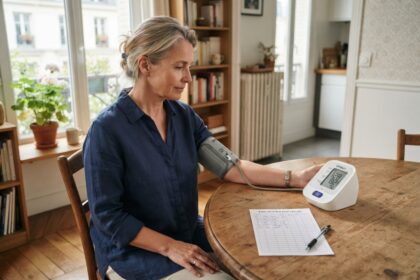 Femme assise à une table en bois, avant-bras posé à plat, qui mesure sa tension avec un tensiomètre à brassard