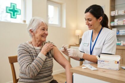 Une pharmacienne gantée vaccine au haut du bras une femme âgée souriante, une boîte de VaxigripTetra sur le comptoir