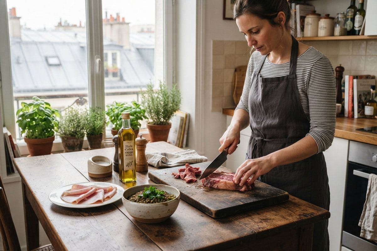Femme découpant un steak de bœuf cru sur une planche, près d'une assiette de jambon et d'un bol de lentilles